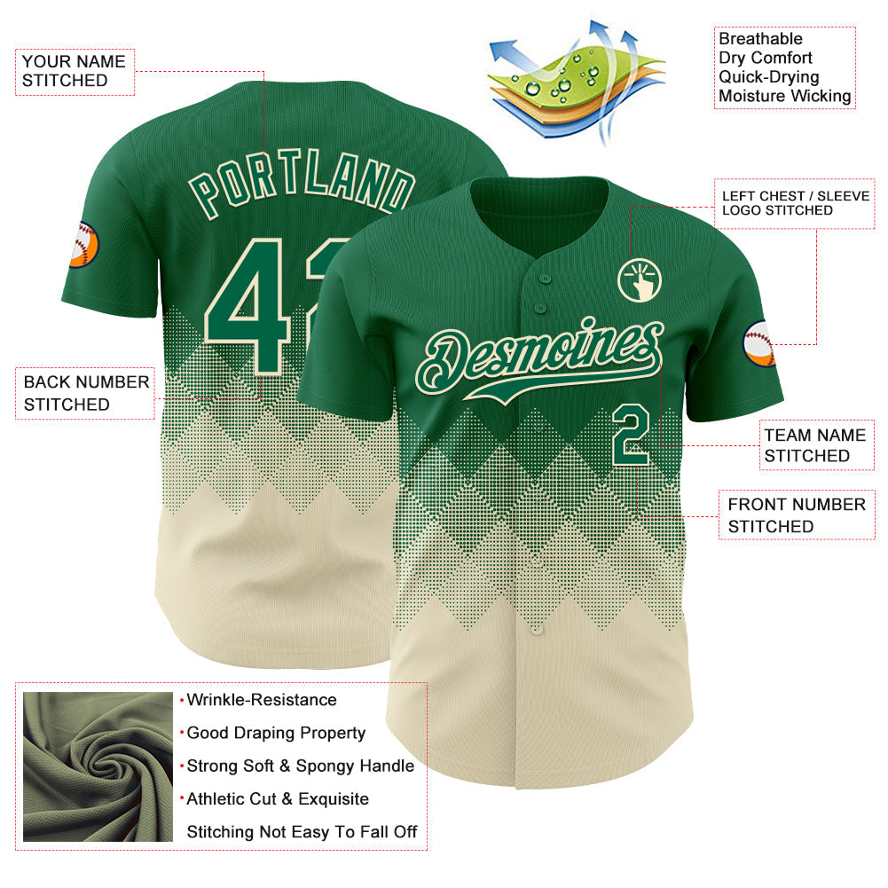 Custom Kelly Green Cream 3D Gradient Square Shape Authentic Baseball Jersey