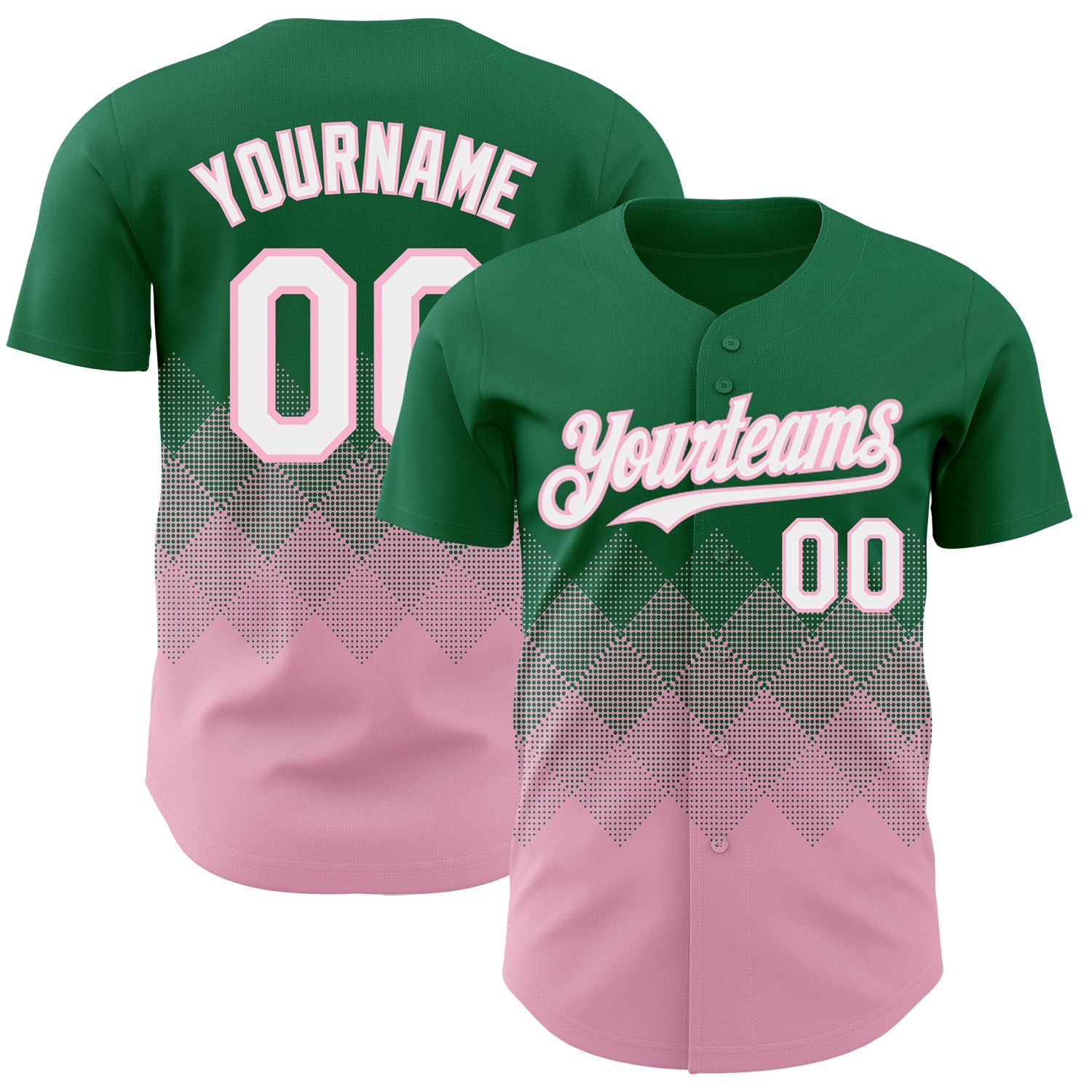 Custom Kelly Green White-Light Pink 3D Gradient Square Shape Authentic Baseball Jersey