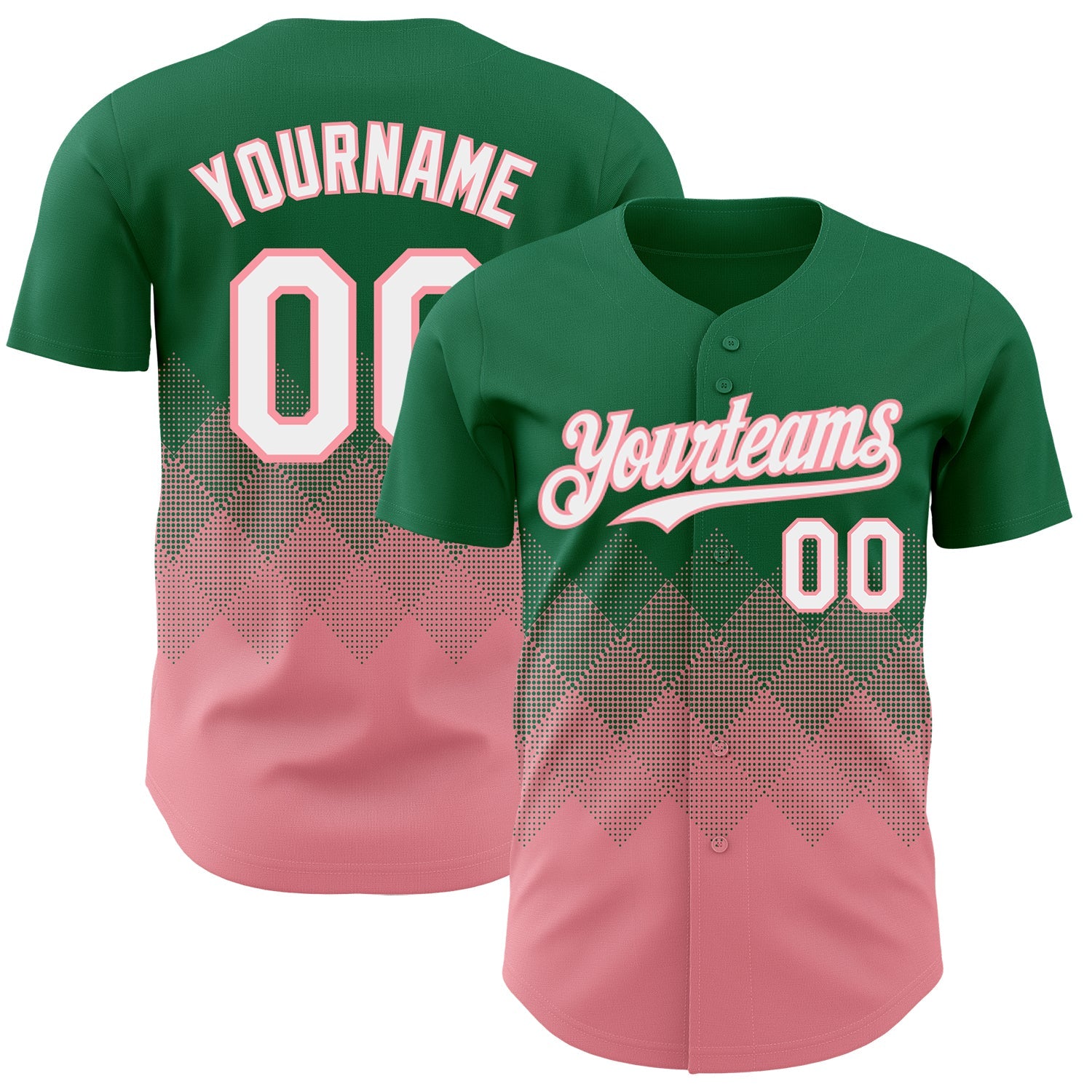Custom Kelly Green White-Medium Pink 3D Gradient Square Shape Authentic Baseball Jersey