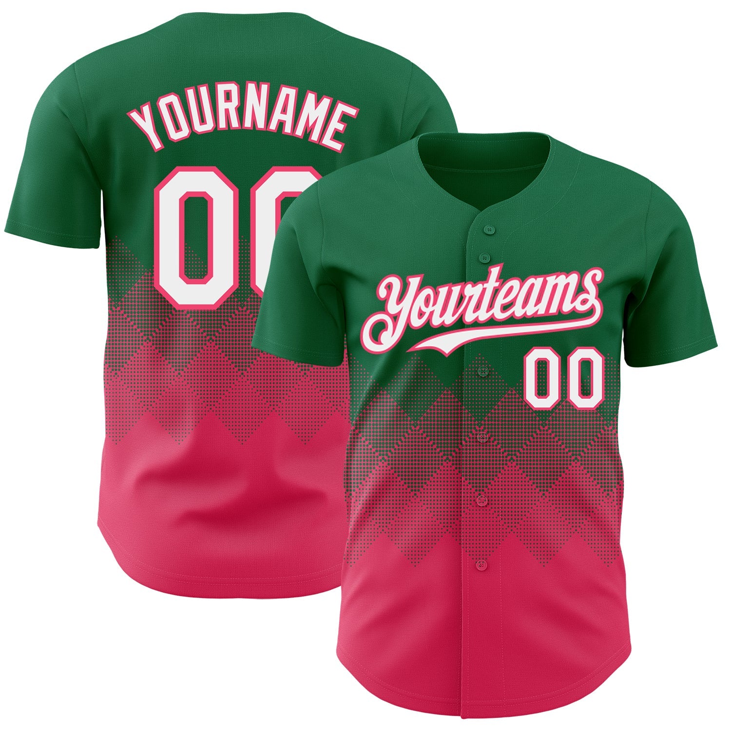 Custom Kelly Green White-Neon Pink 3D Gradient Square Shape Authentic Baseball Jersey
