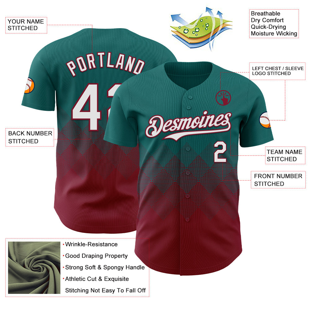 Custom Teal White-Crimson 3D Gradient Square Shape Authentic Baseball Jersey