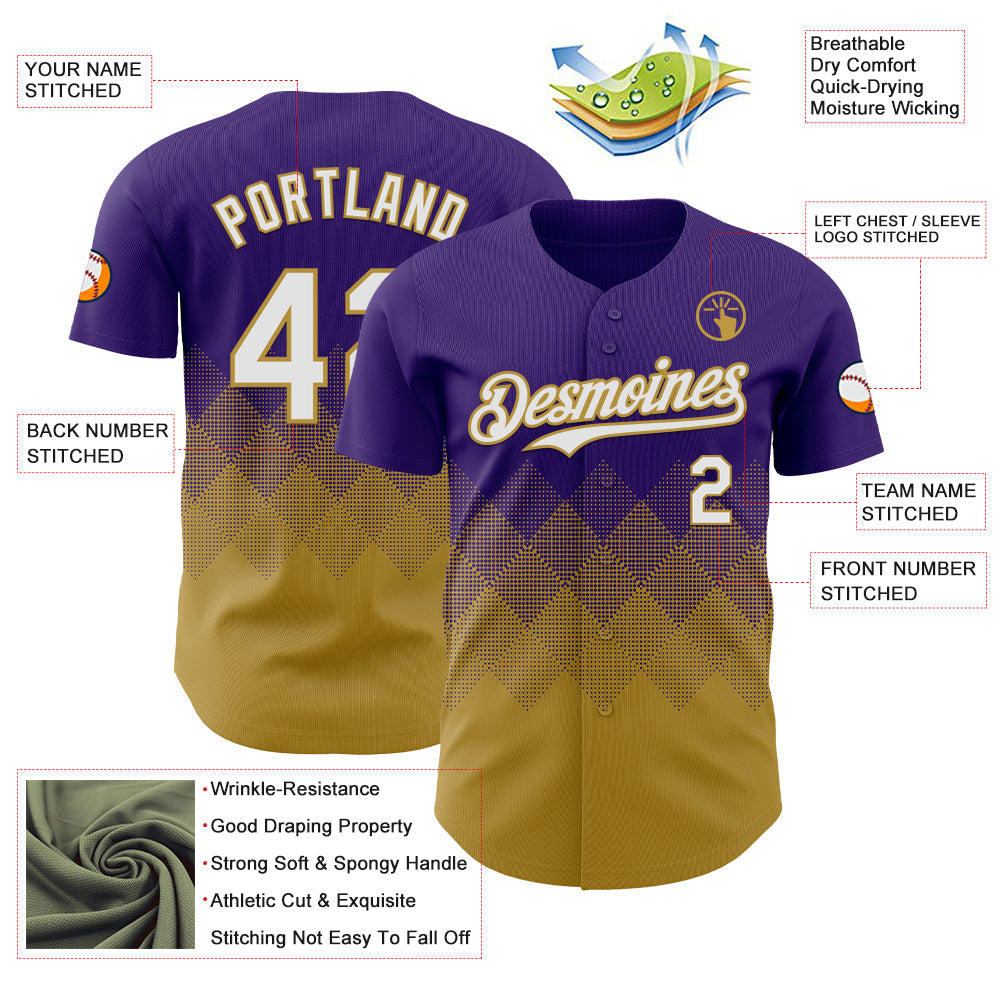 Custom Purple White-Old Gold 3D Gradient Square Shape Authentic Baseball Jersey
