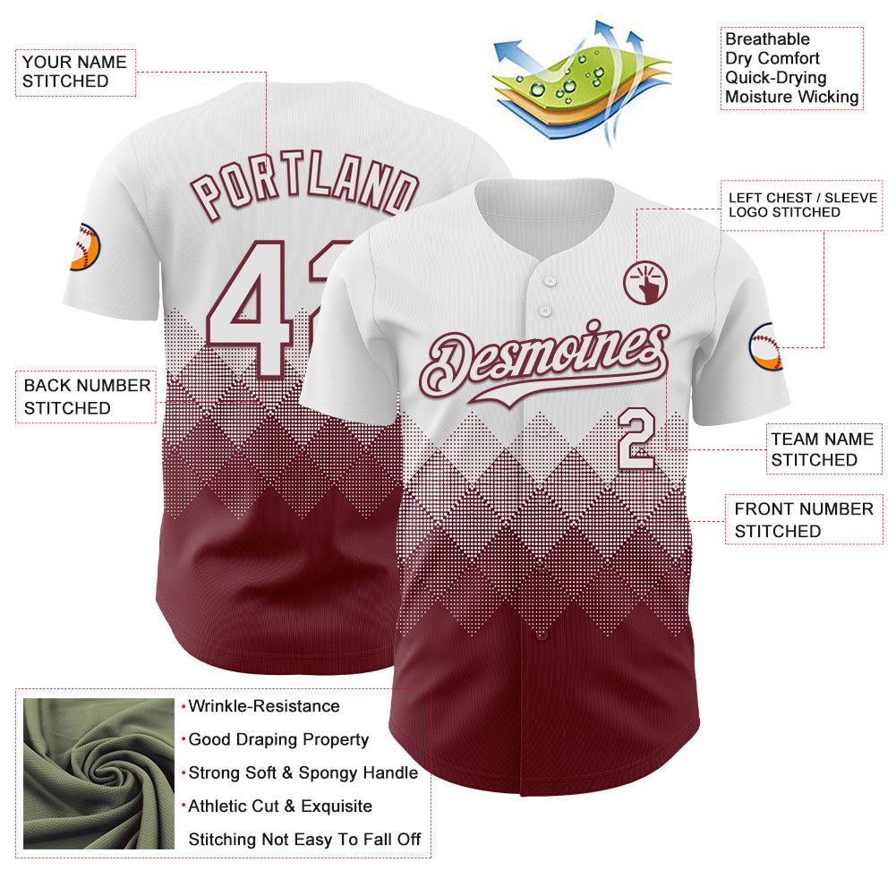 Custom White Burgundy 3D Gradient Square Shape Authentic Baseball Jersey