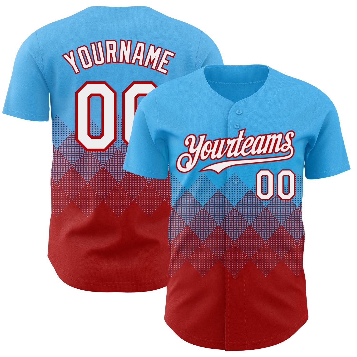 Custom Sky Blue White-Red 3D Gradient Square Shape Authentic Baseball Jersey