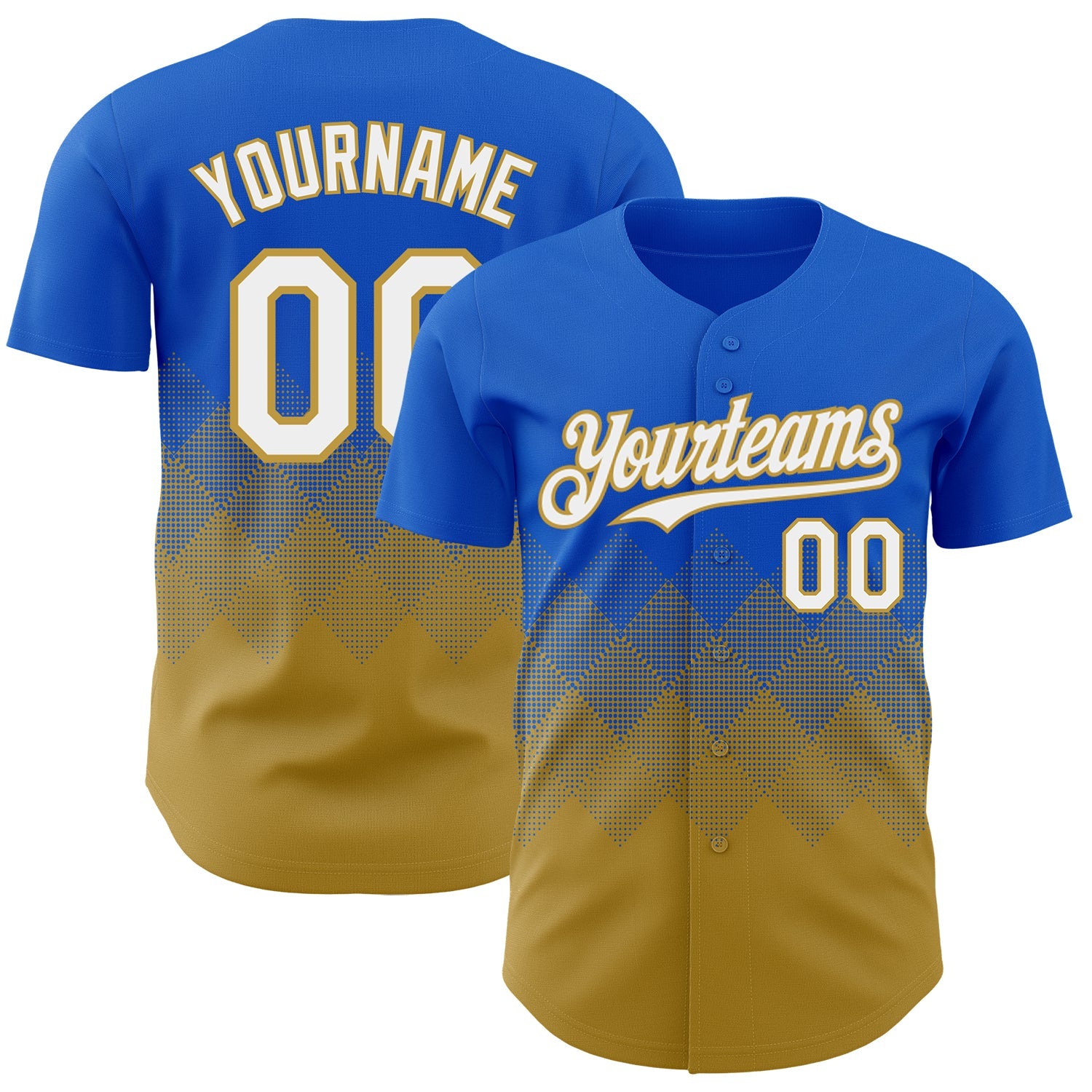 Custom Thunder Blue White-Old Gold 3D Gradient Square Shape Authentic Baseball Jersey