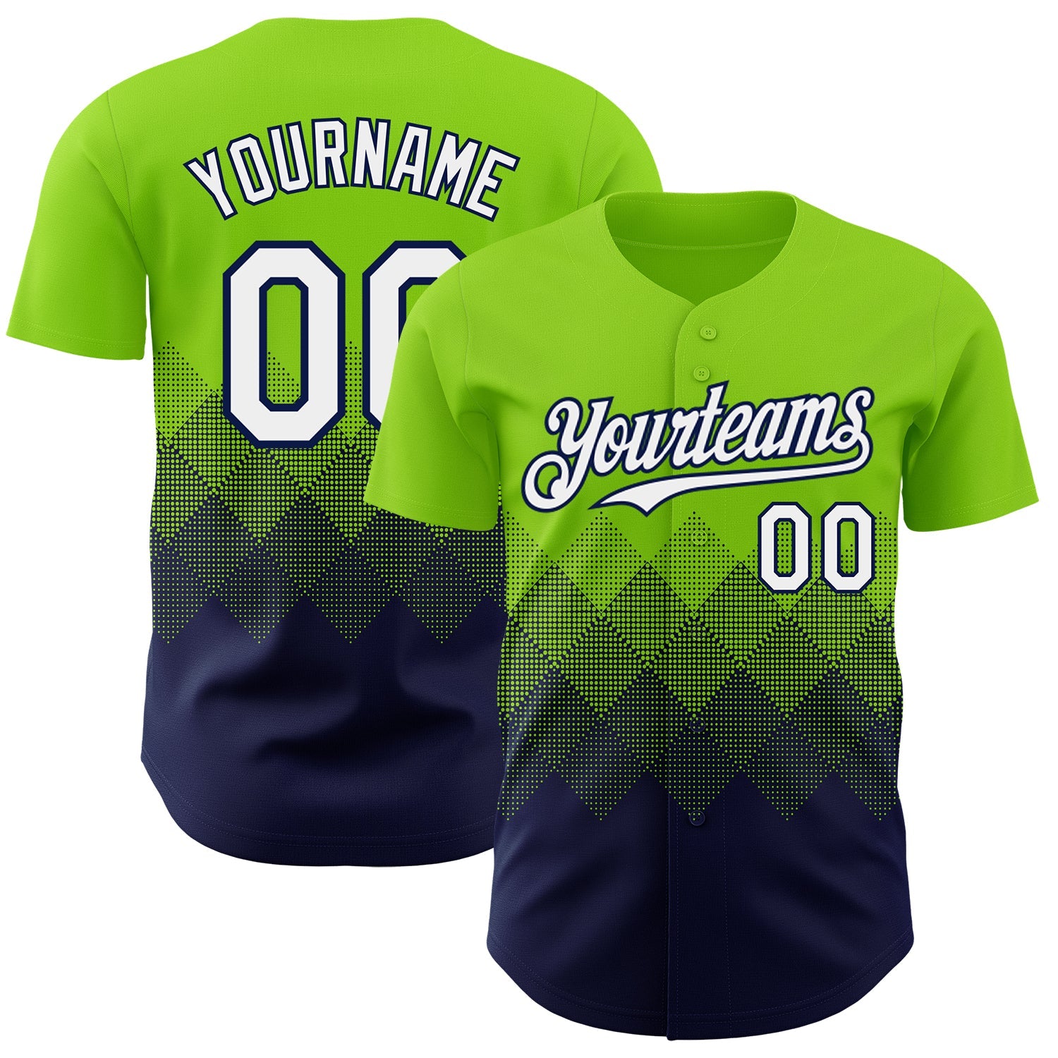 Custom Neon Green White-Navy 3D Gradient Square Shape Authentic Baseball Jersey