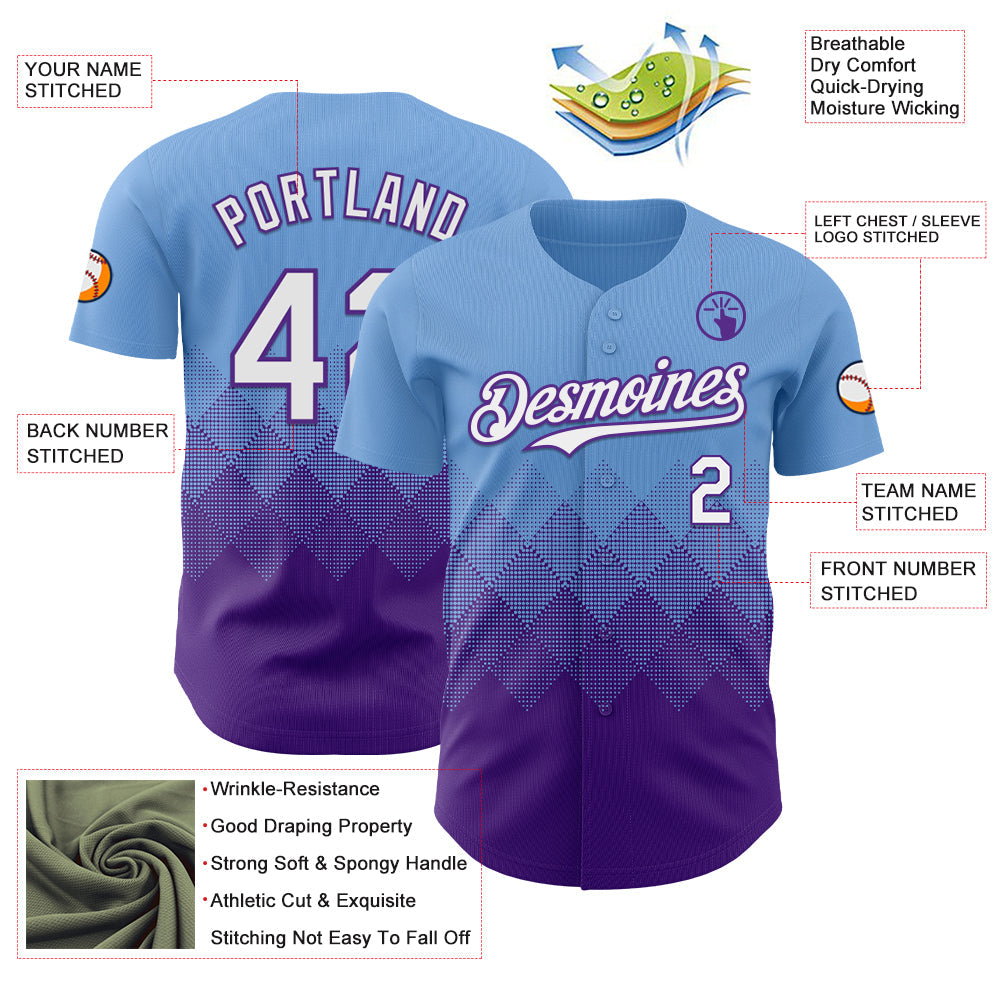 Custom Light Blue White-Purple 3D Gradient Square Shape Authentic Baseball Jersey