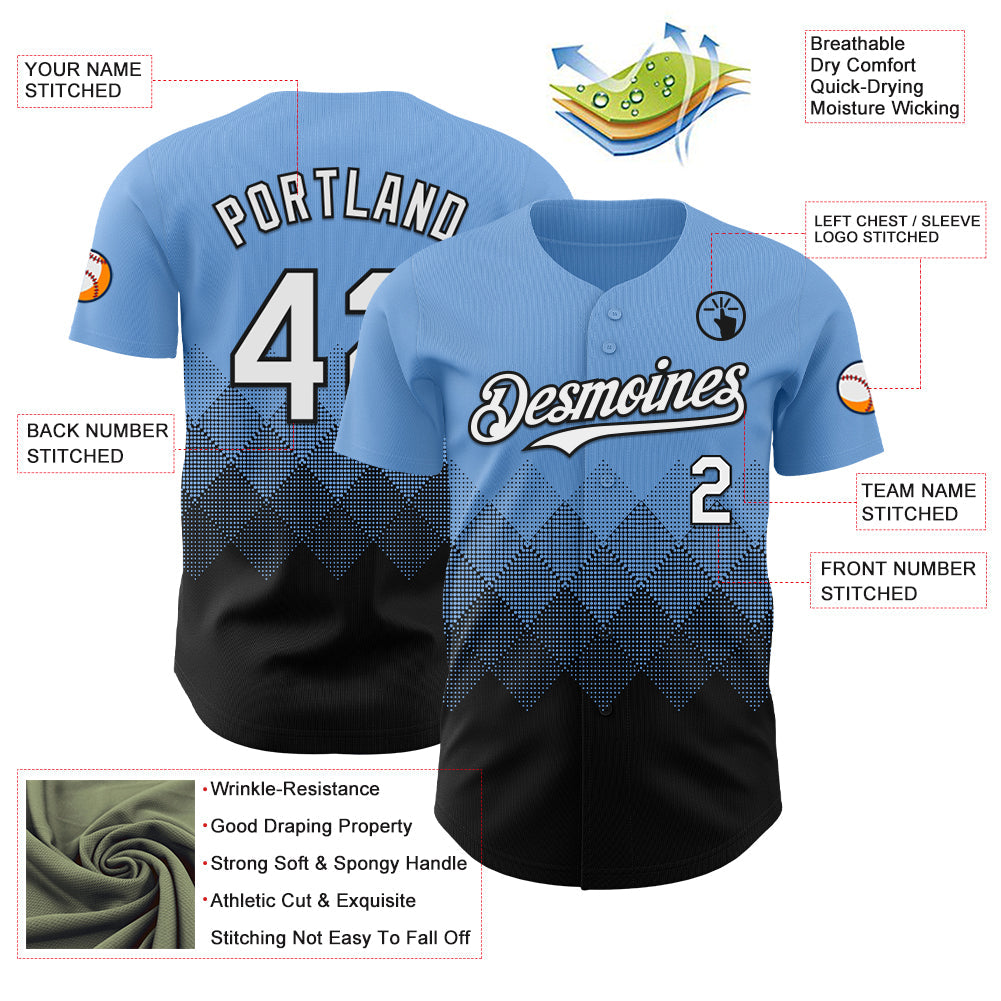 Custom Light Blue White-Black 3D Gradient Square Shape Authentic Baseball Jersey