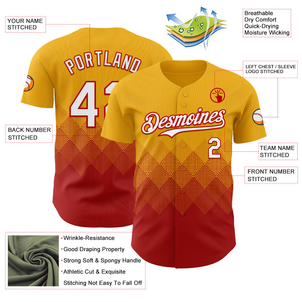 Custom Gold White-Red 3D Gradient Square Shape Authentic Baseball Jersey