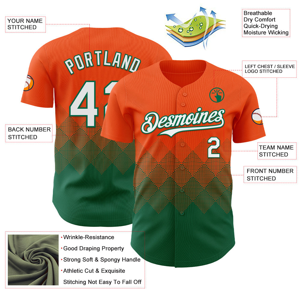 Custom Orange White-Kelly Green 3D Gradient Square Shape Authentic Baseball Jersey