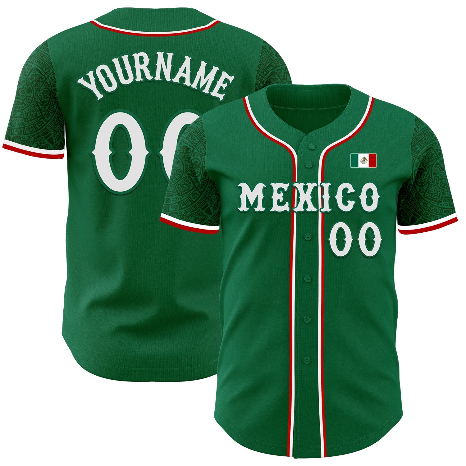 Custom Kelly Green White-Red 3D Mexico Mexican Flag Authentic Baseball Jersey