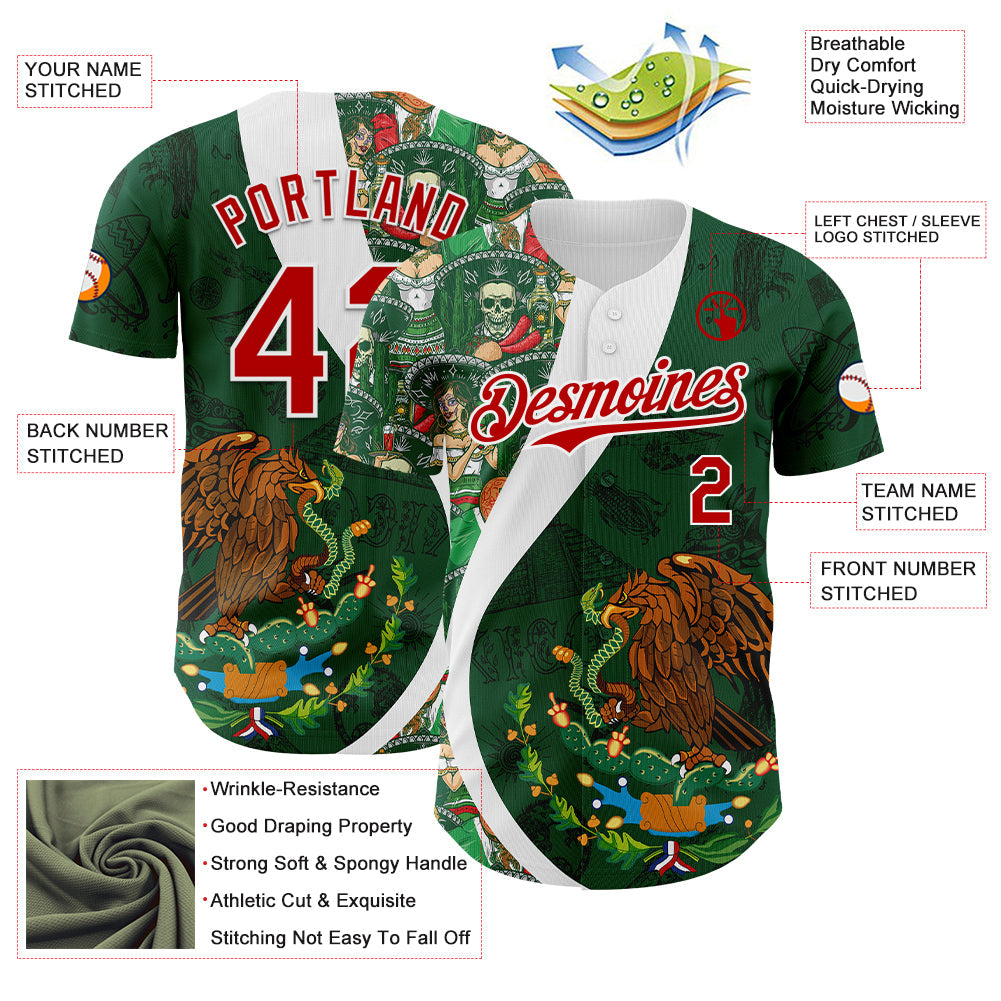 Custom Green Red Kelly Green-White 3D Mexico Authentic Baseball Jersey