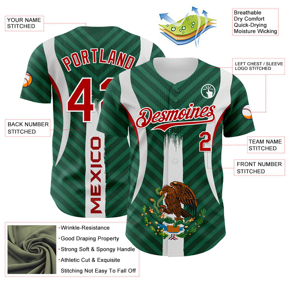 Custom Green Red Kelly Green-White 3D Mexico Authentic Baseball Jersey