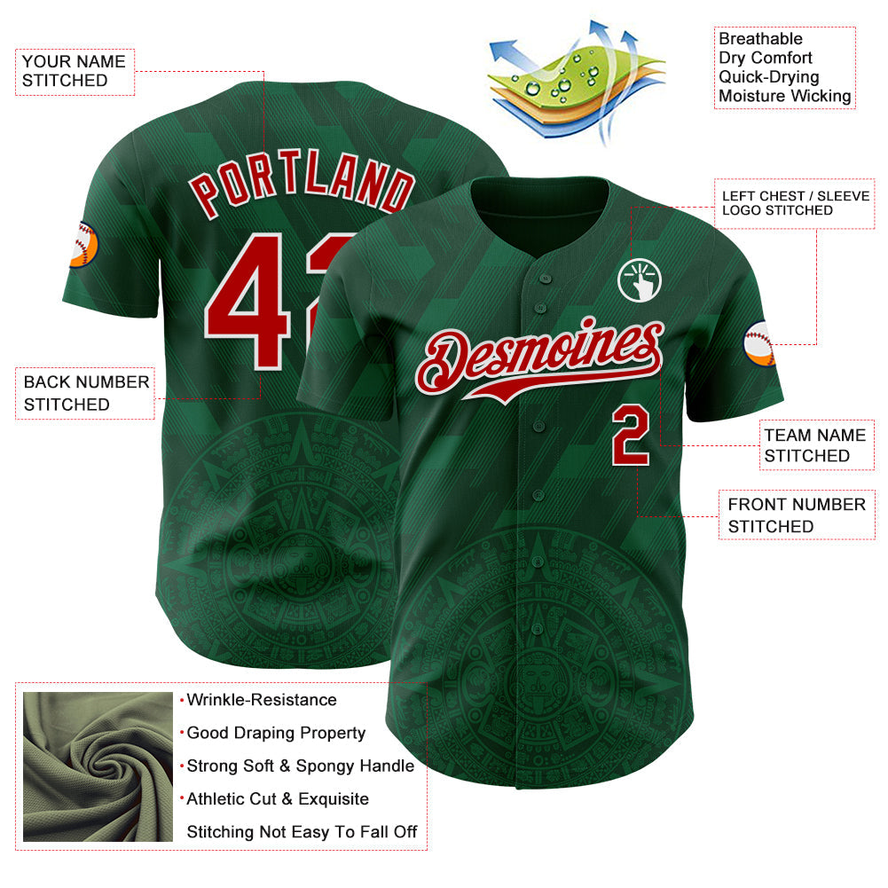 Custom Kelly Green Red-White 3D Mexico Authentic Baseball Jersey