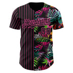 Custom Black Pink 3D Pattern Design Pinstripe Tropical Palm Leaves Authentic Baseball Jersey