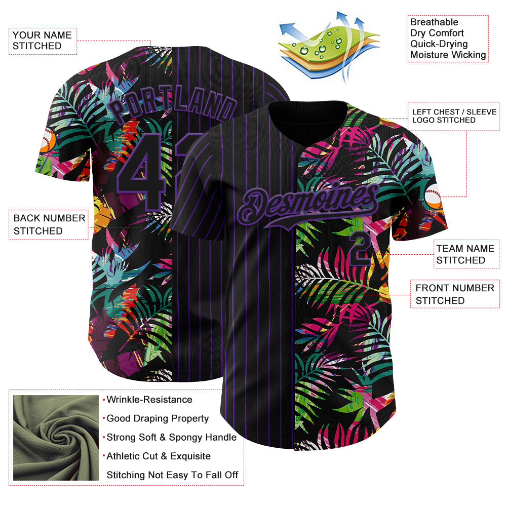 Custom Black Purple 3D Pattern Design Pinstripe Tropical Palm Leaves Authentic Baseball Jersey
