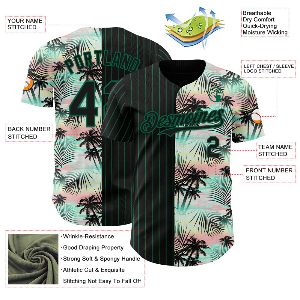Custom Black Kelly Green 3D Pattern Design Pinstripe Tropical Palm Leaves Authentic Baseball Jersey