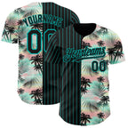 Custom Black Aqua 3D Pattern Design Pinstripe Tropical Palm Leaves Authentic Baseball Jersey