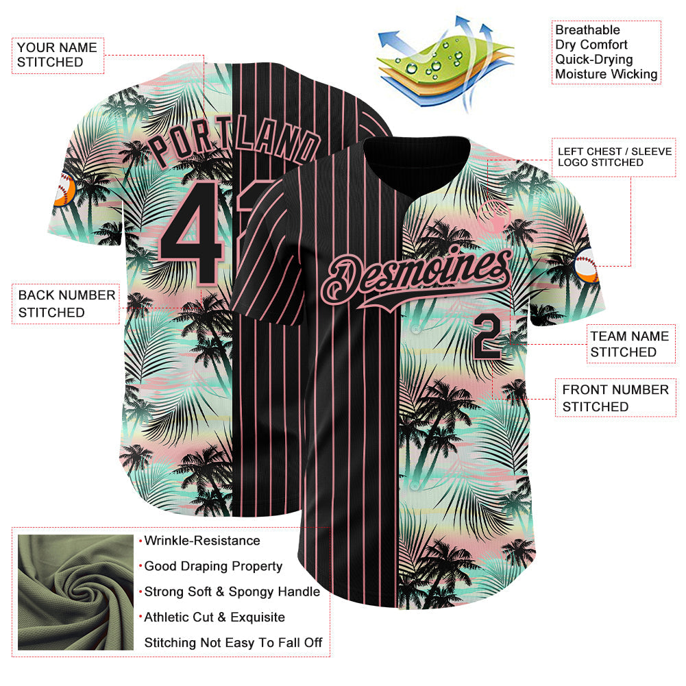 Custom Black Medium Pink 3D Pattern Design Pinstripe Tropical Palm Leaves Authentic Baseball Jersey