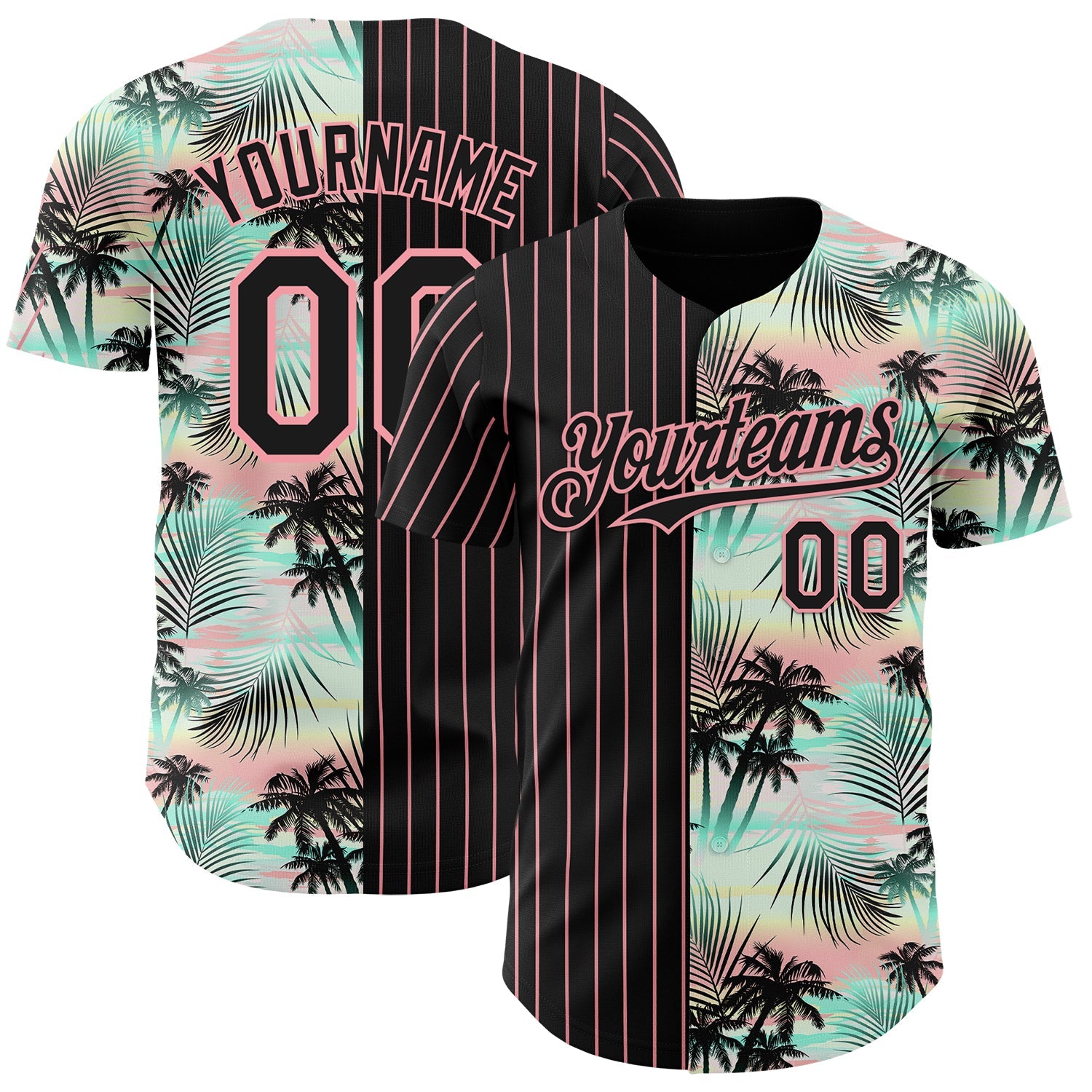 Custom Black Medium Pink 3D Pattern Design Pinstripe Tropical Palm Leaves Authentic Baseball Jersey