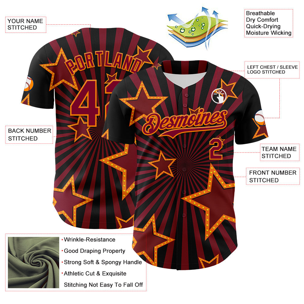Custom Black Maroon-Bay Orange 3D Pattern Design Patriotic American Symbol Star Authentic Baseball Jersey