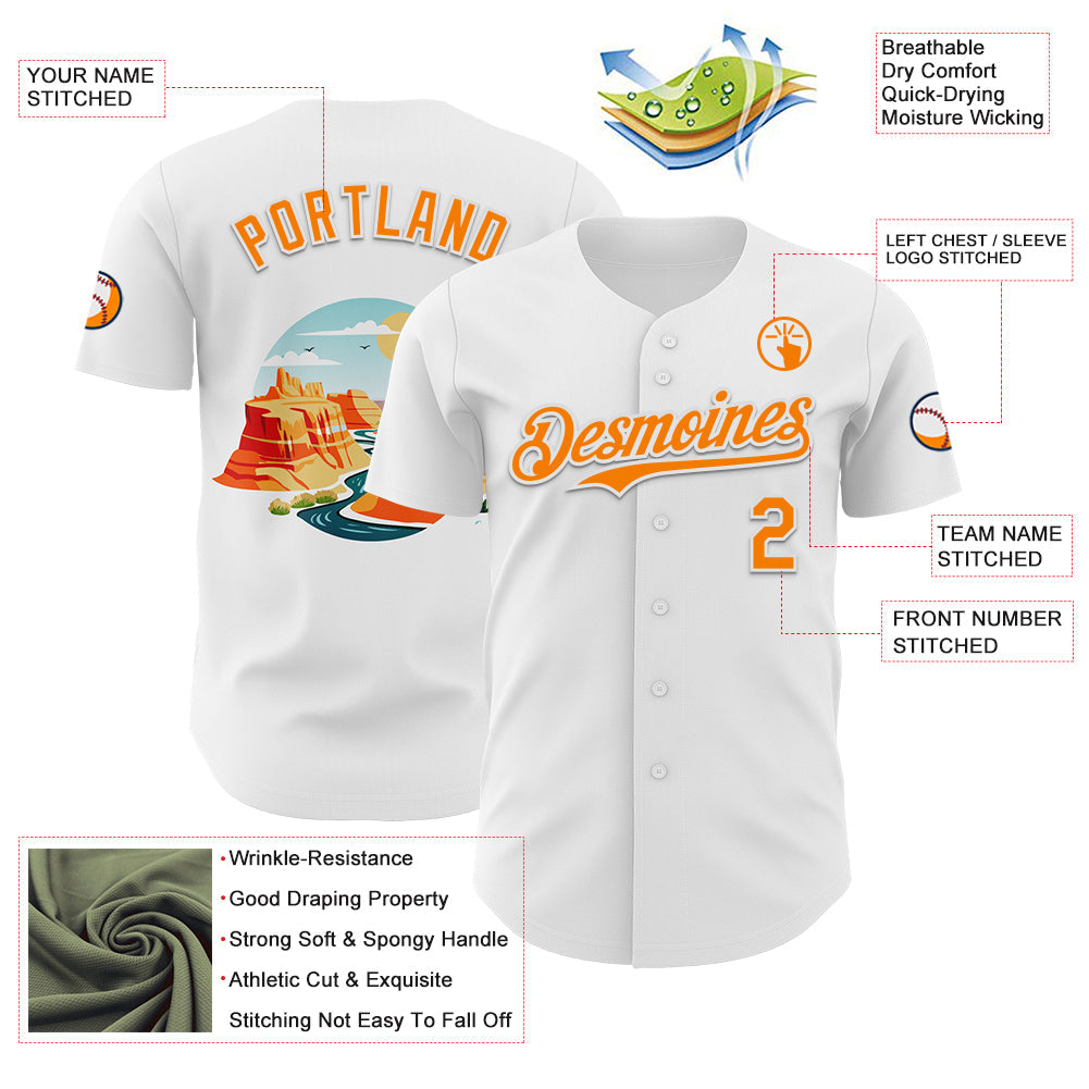 Custom White Bay Orange 3D Pattern Design Patriotic American Symbol Grand Canyon And Colorado River Authentic Baseball Jersey