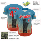 Custom Blue Fire Red-White 3D Pattern Design Patriotic American Symbol Golden Gate Bridge And Statue of Liberty Authentic Baseball Jersey