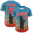 Custom Blue Fire Red-White 3D Pattern Design Patriotic American Symbol Golden Gate Bridge And Statue of Liberty Authentic Baseball Jersey