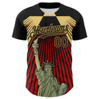 Custom Black Red-Old Gold 3D Pattern Design Patriotic American Symbol Statue of Liberty Authentic Baseball Jersey