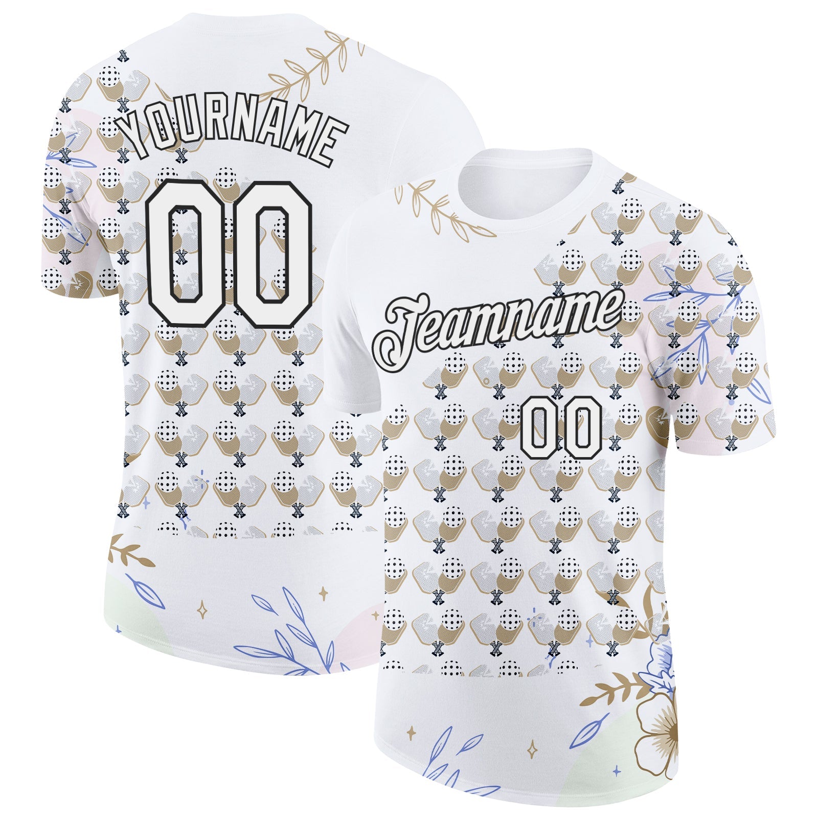 Custom White Black 3D Pickleball Paddles Balls Floral Performance T-Shirt