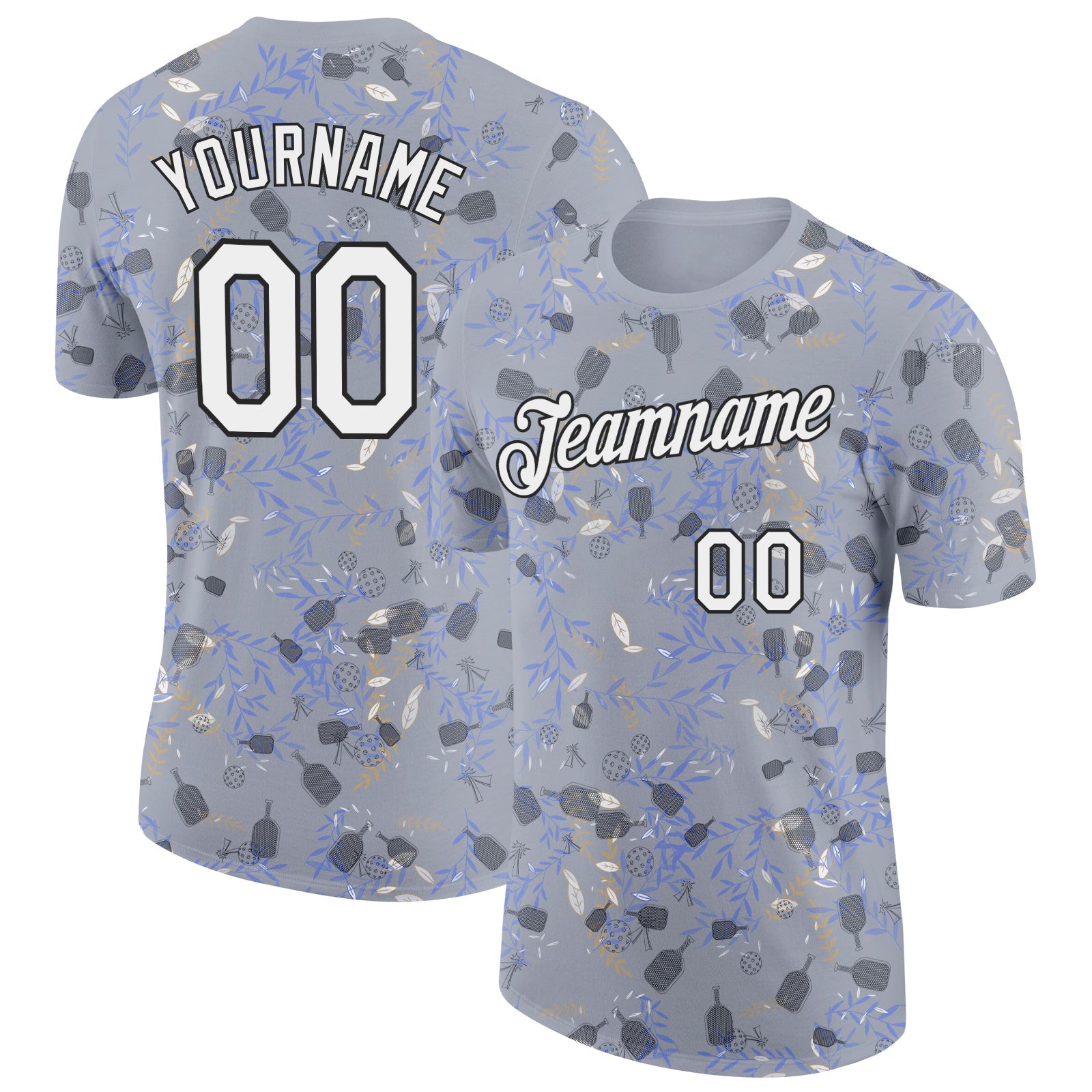 Custom Gray White-Black 3D Pickleball Paddles Balls Floral Performance T-Shirt