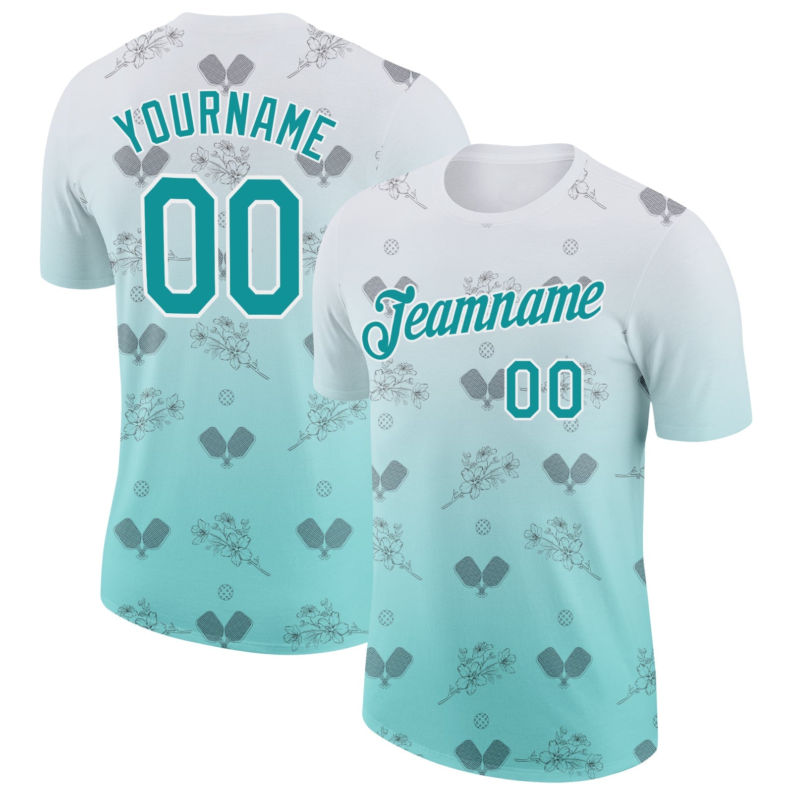 Custom Blue Teal-White 3D Gradient Pickleball Paddles Balls Floral Performance T-Shirt