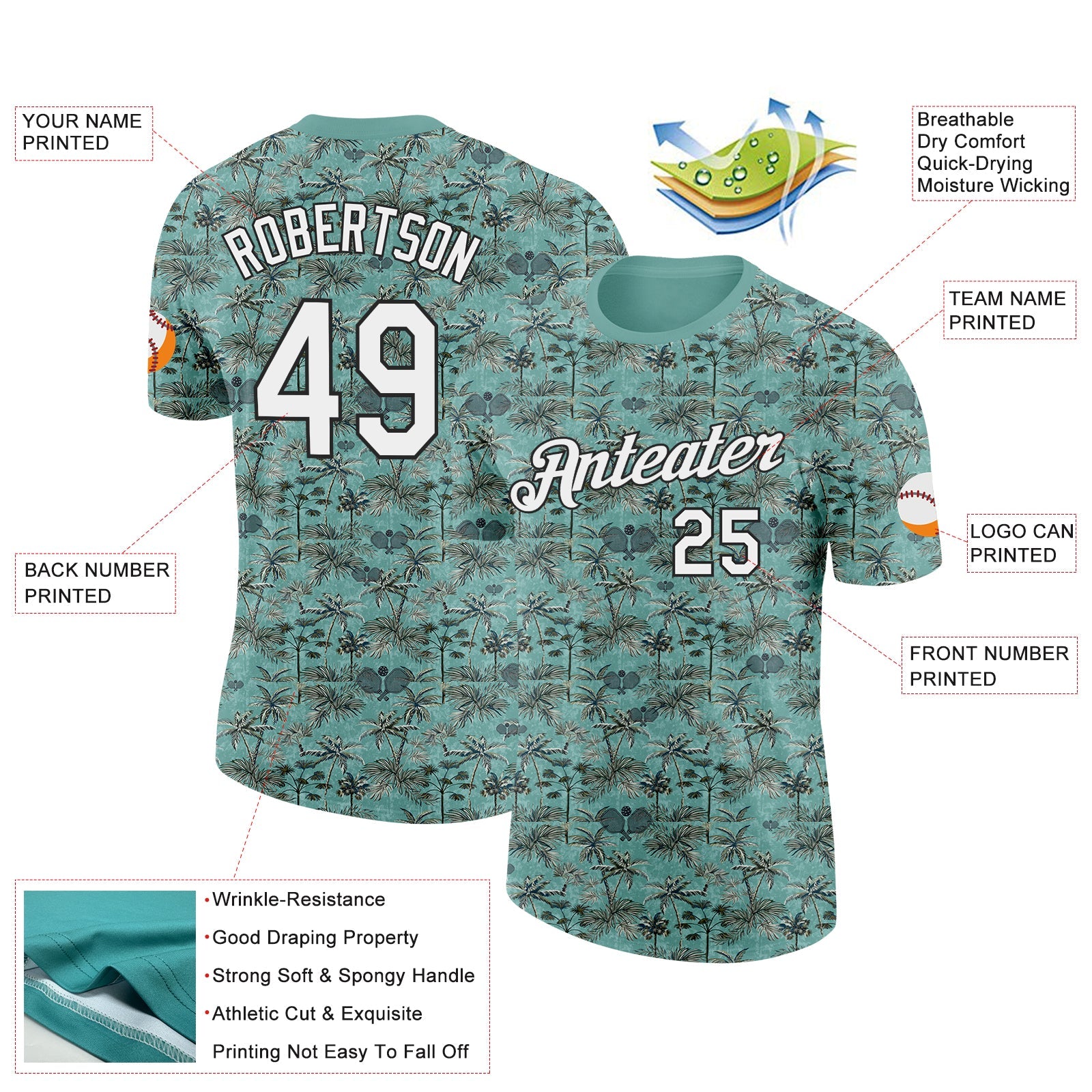 Custom Green White-Black 3D Pickleball Paddles Balls Tropical Palm Trees Performance T-Shirt