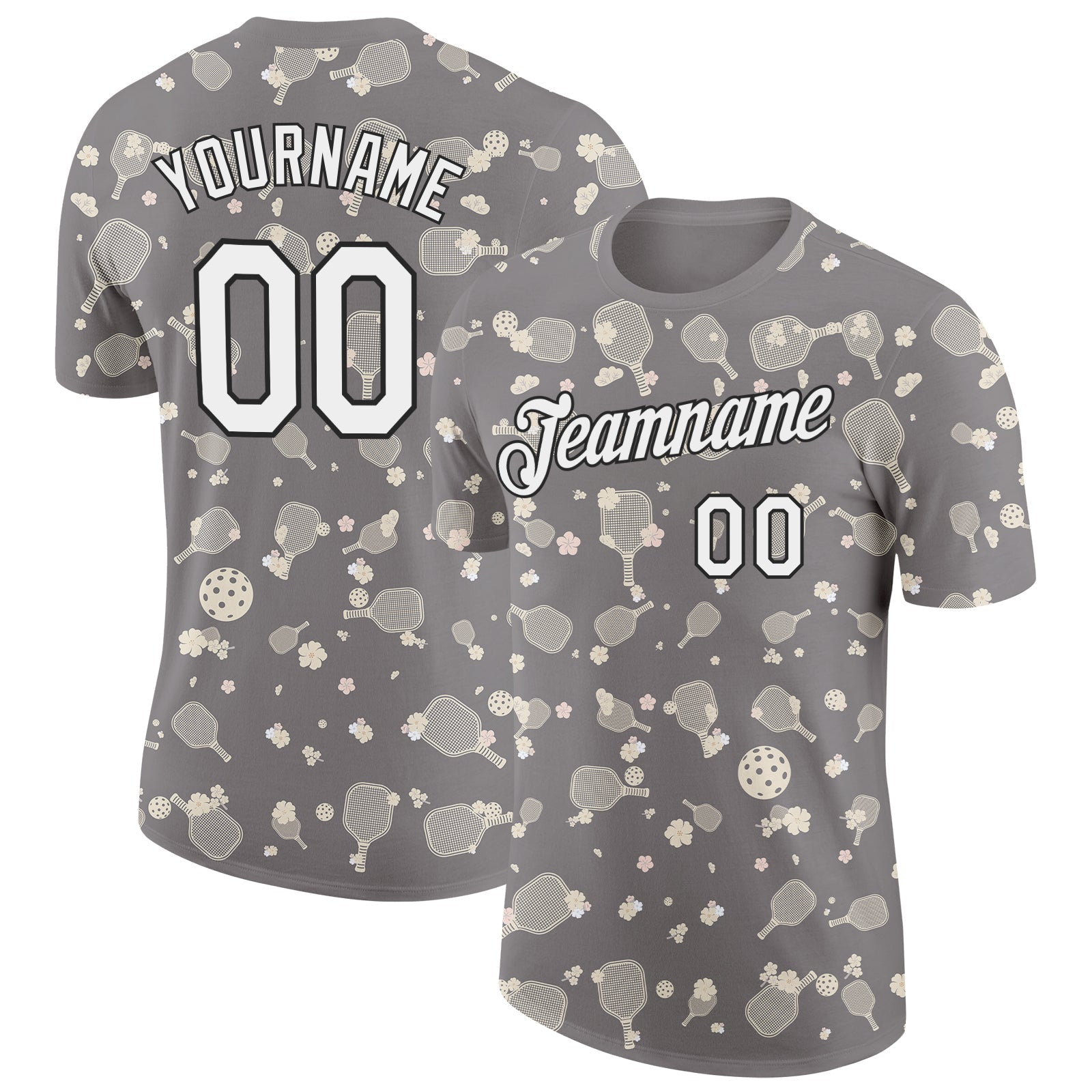 Custom Gray White-Black 3D Pickleball Paddles Balls Floral Performance T-Shirt