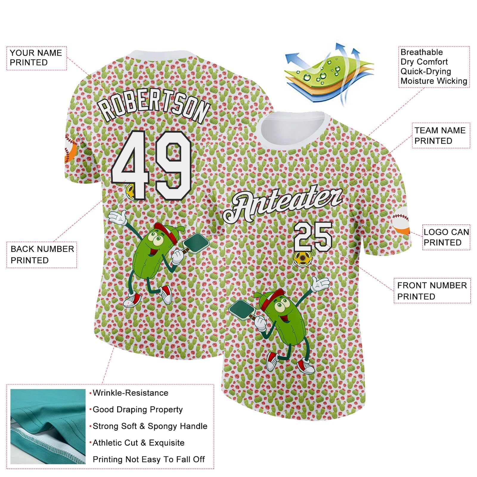 Custom White Black 3D Pickleball Paddles Balls Cactus Performance T-Shirt