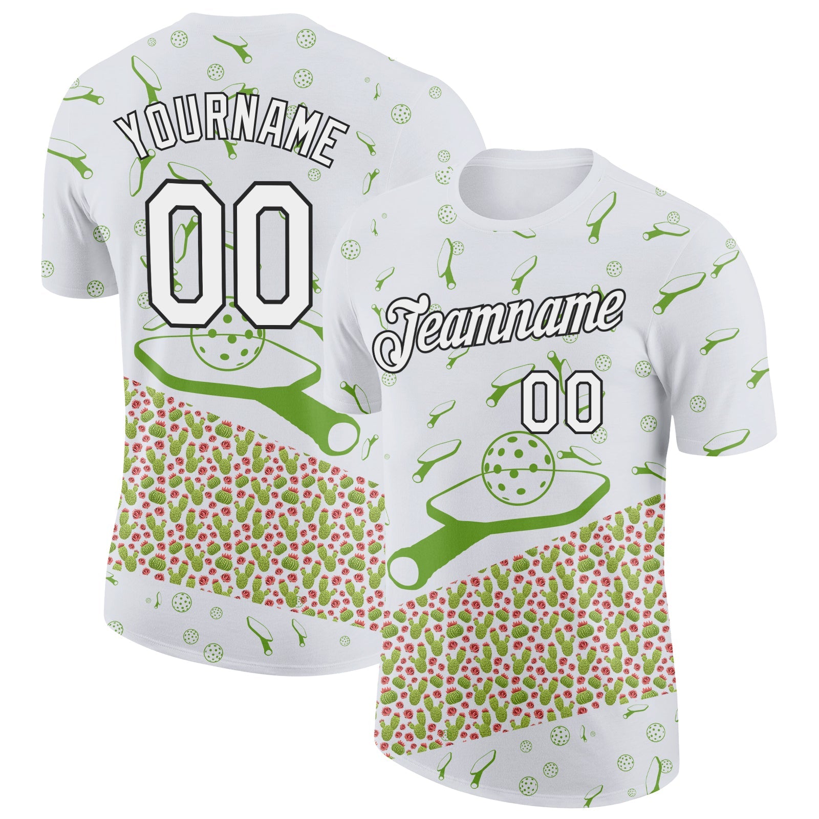 Custom White Black 3D Pickleball Paddles Balls Cactus Performance T-Shirt