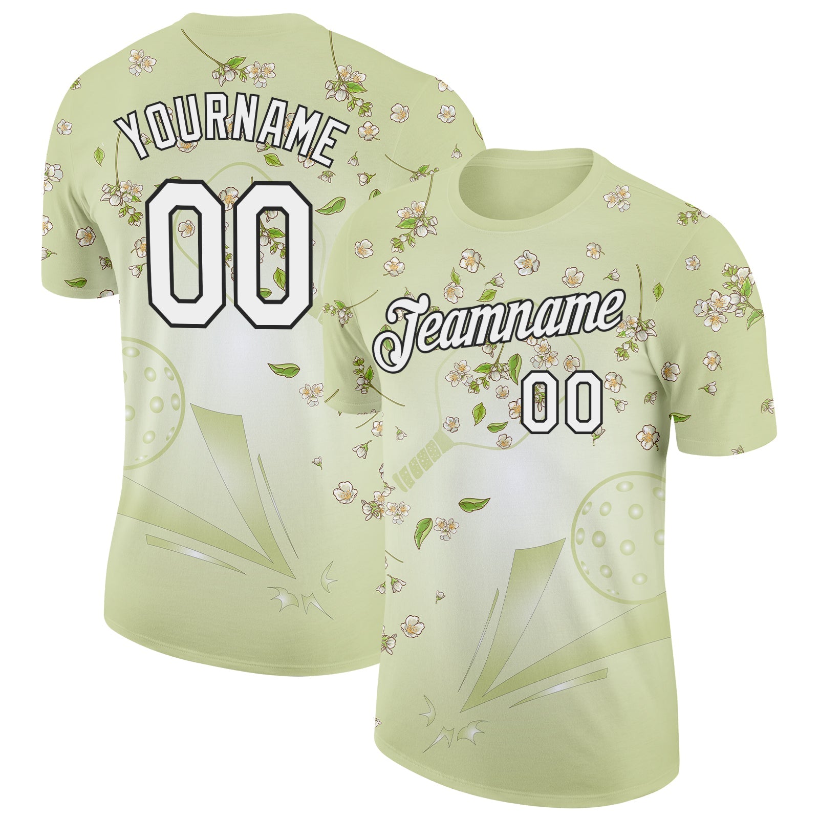 Custom Green White-Black 3D Pickleball Paddles Balls Floral Performance T-Shirt