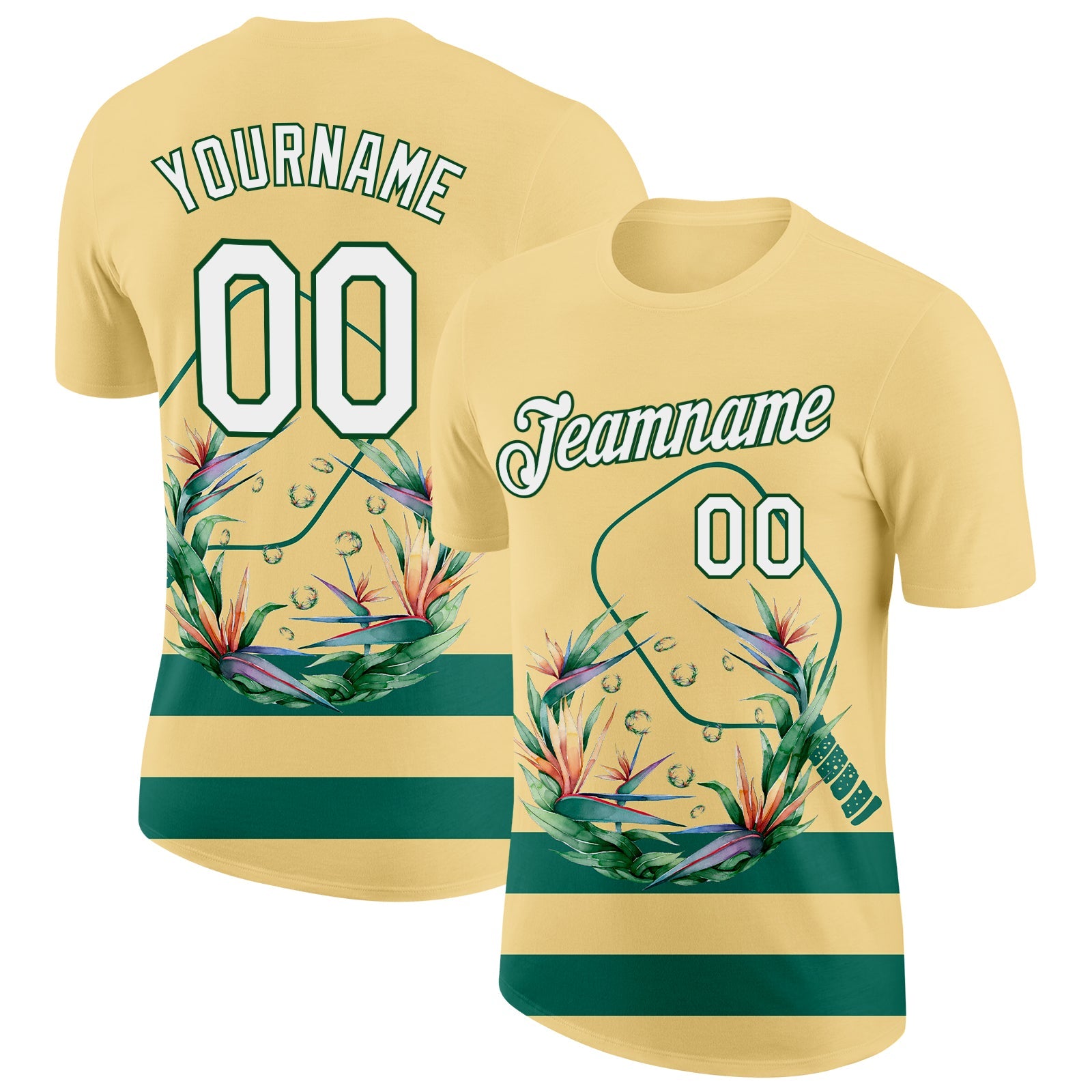 Custom Yellow White-Green 3D Pickleball Paddles Balls Floral Performance T-Shirt