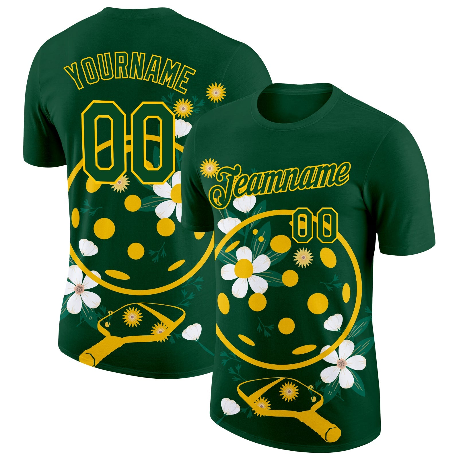 Custom Green Yellow 3D Pickleball Paddles Balls Floral Performance T-Shirt