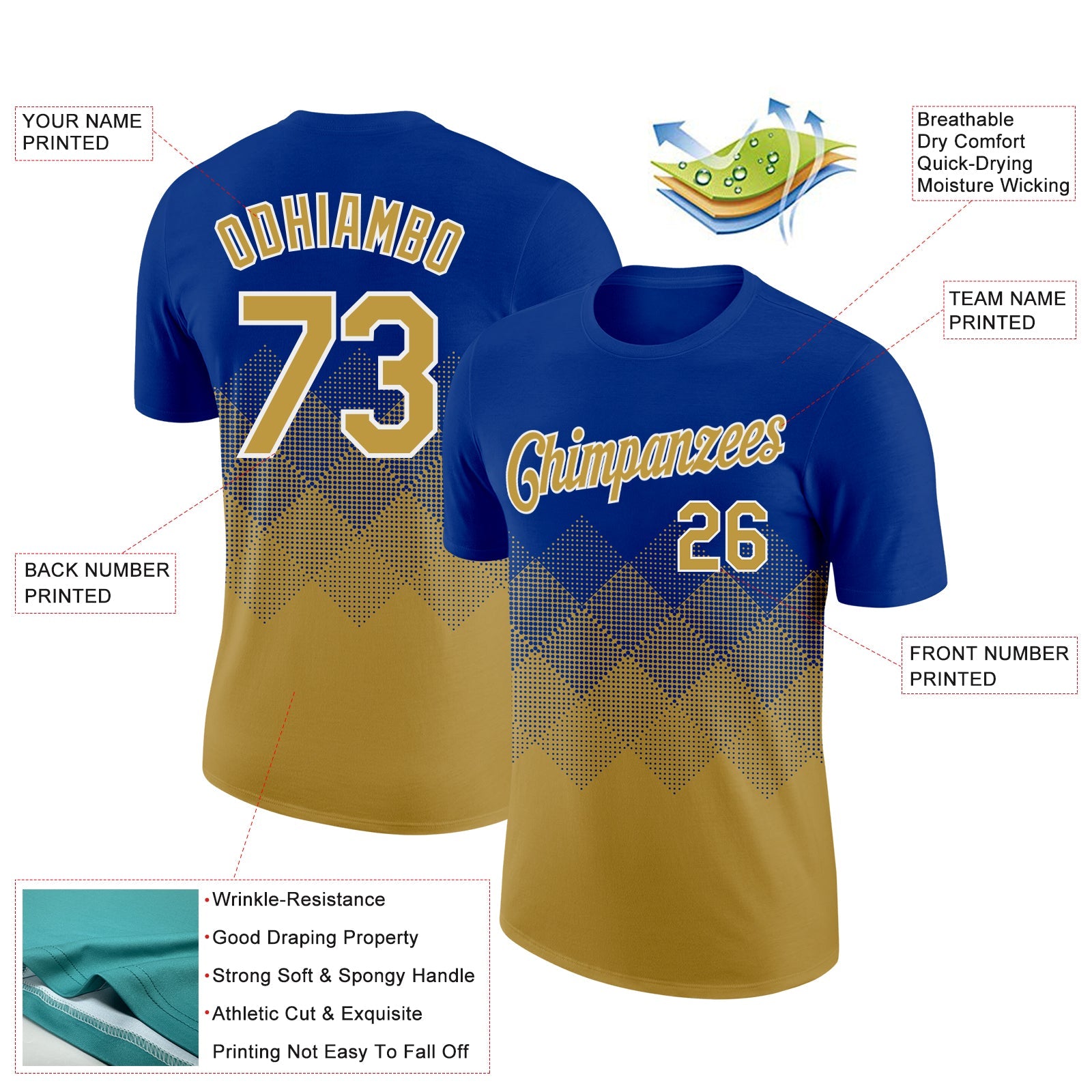 Custom Royal Old Gold-White 3D Pattern Design Gradient Square Shapes Performance T-Shirt