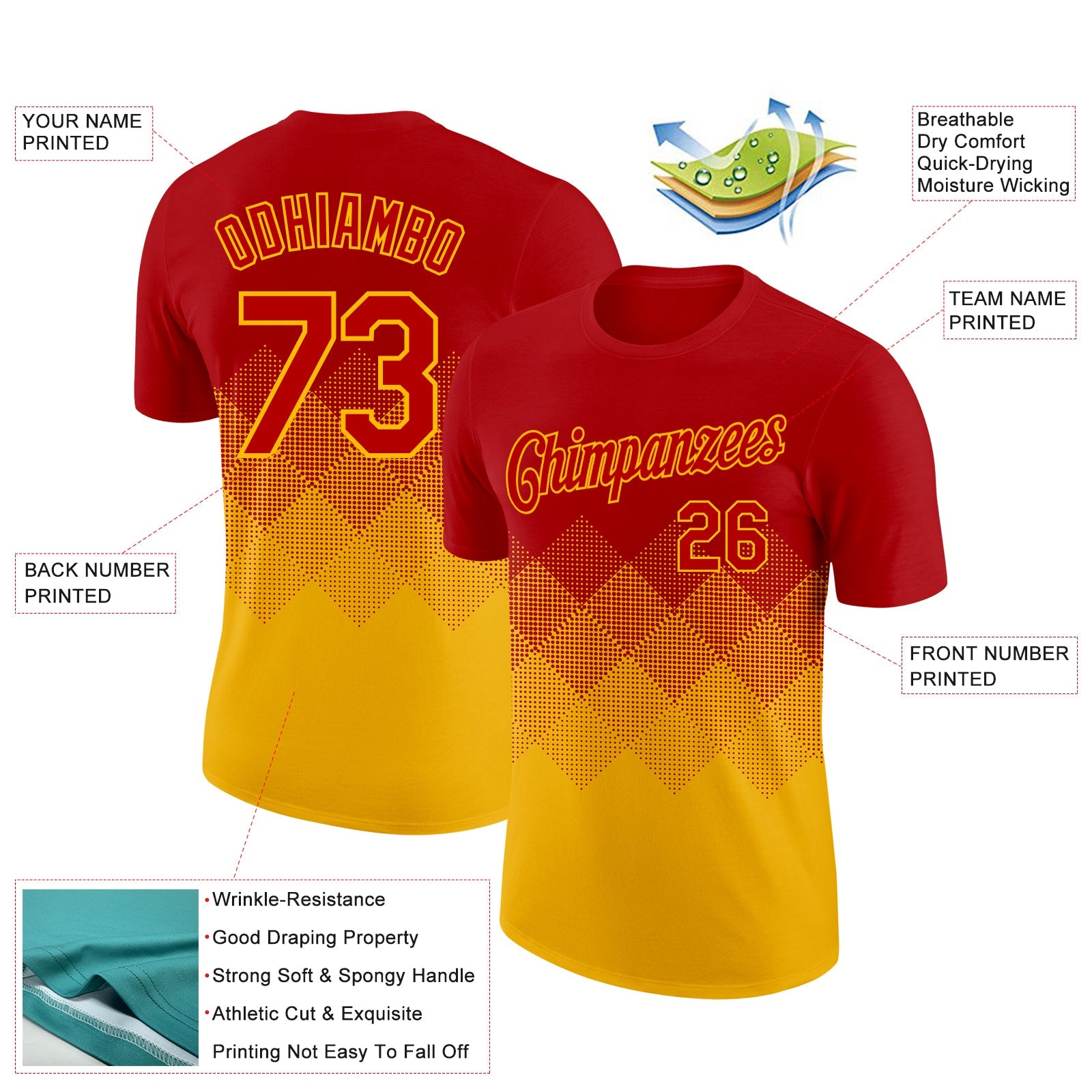 Custom Red Gold 3D Pattern Design Gradient Square Shapes Performance T-Shirt