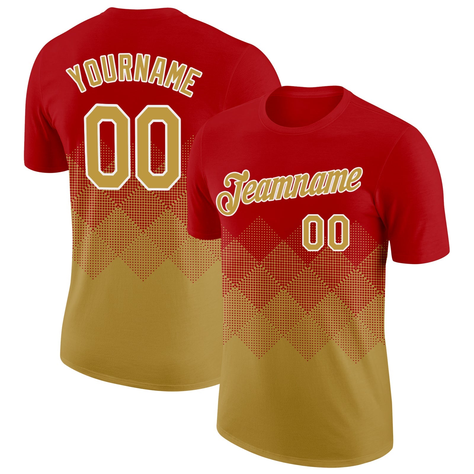 Custom Red Old Gold-White 3D Pattern Design Gradient Square Shapes Performance T-Shirt