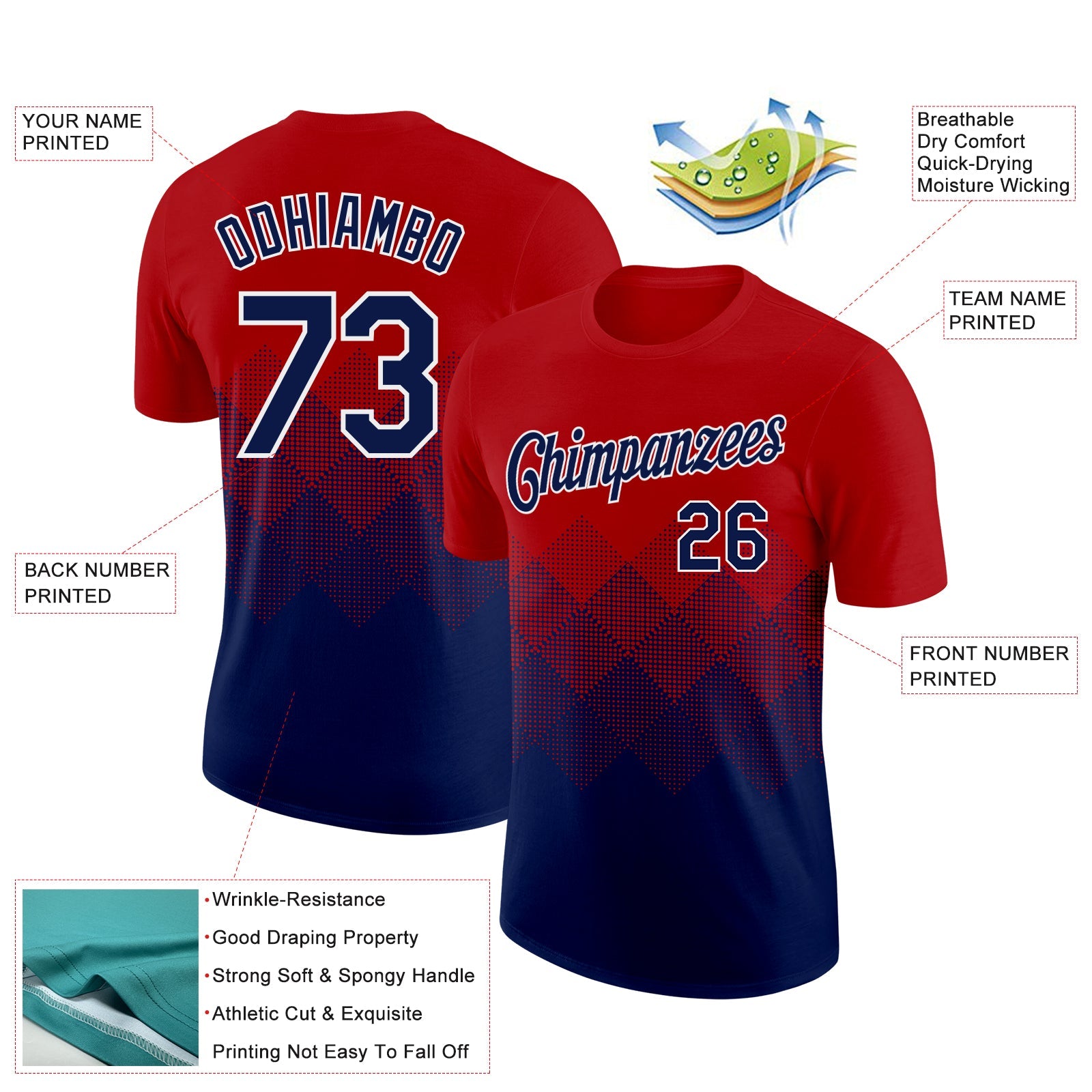 Custom Red Navy-White 3D Pattern Design Gradient Square Shapes Performance T-Shirt