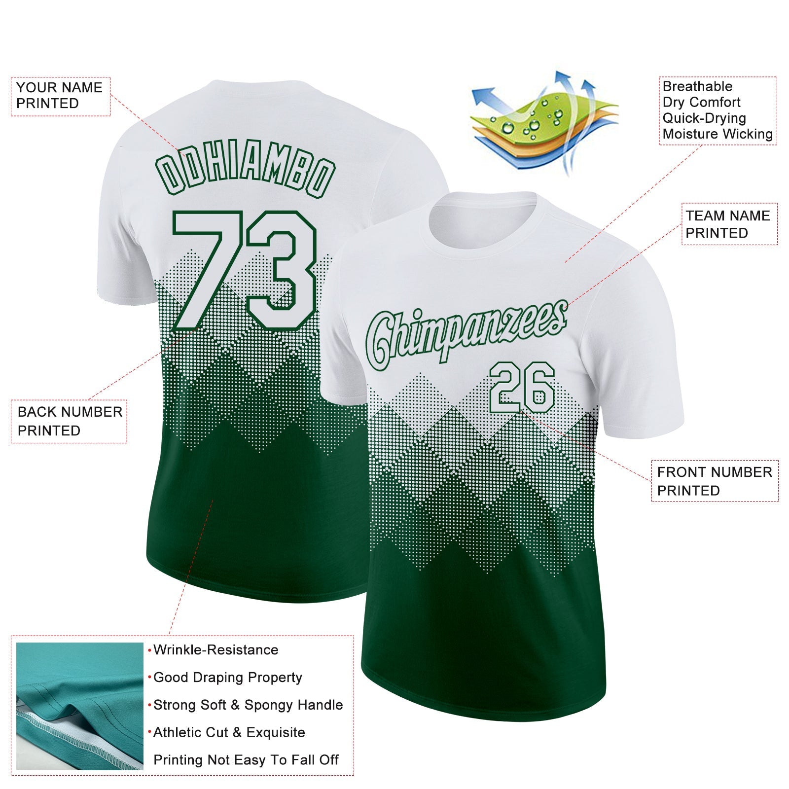 Custom White Green 3D Pattern Design Gradient Square Shapes Performance T-Shirt