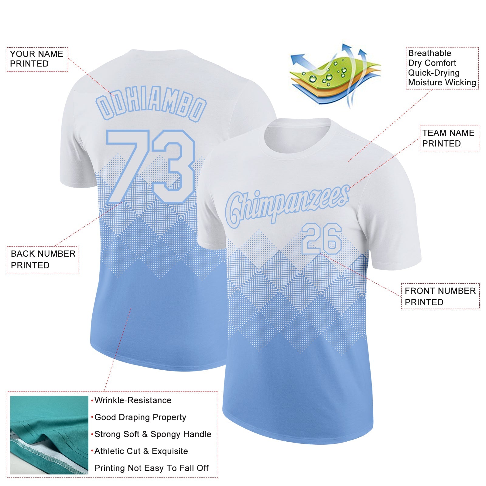 Custom White Light Blue 3D Pattern Design Gradient Square Shapes Performance T-Shirt