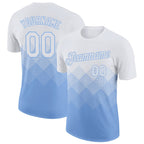Custom White Light Blue 3D Pattern Design Gradient Square Shapes Performance T-Shirt