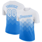 Custom White Powder Blue 3D Pattern Design Gradient Square Shapes Performance T-Shirt