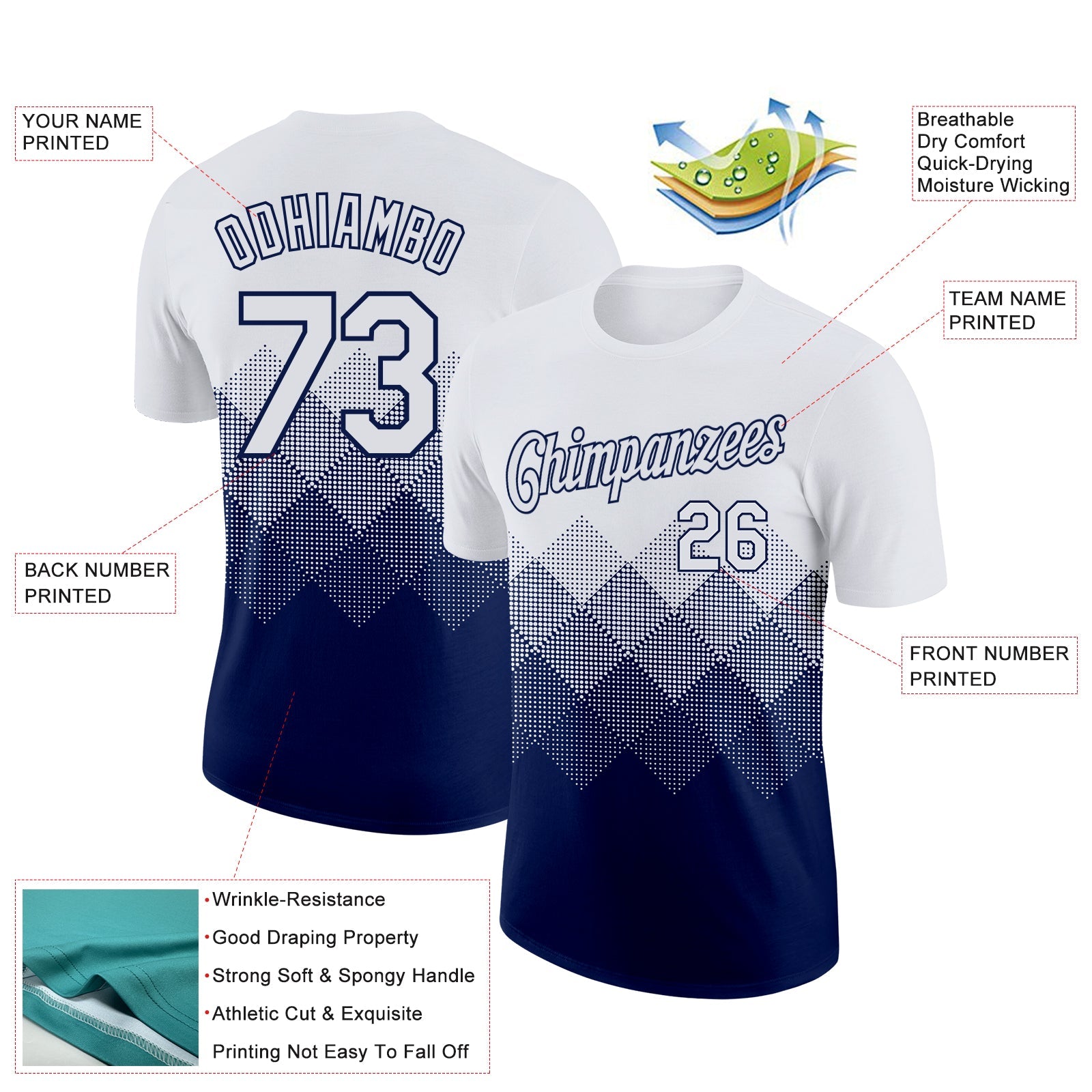 Custom White Navy 3D Pattern Design Gradient Square Shapes Performance T-Shirt