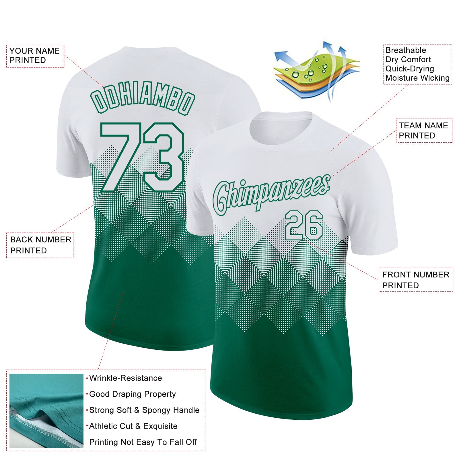 Custom White Kelly Green 3D Pattern Design Gradient Square Shapes Performance T-Shirt