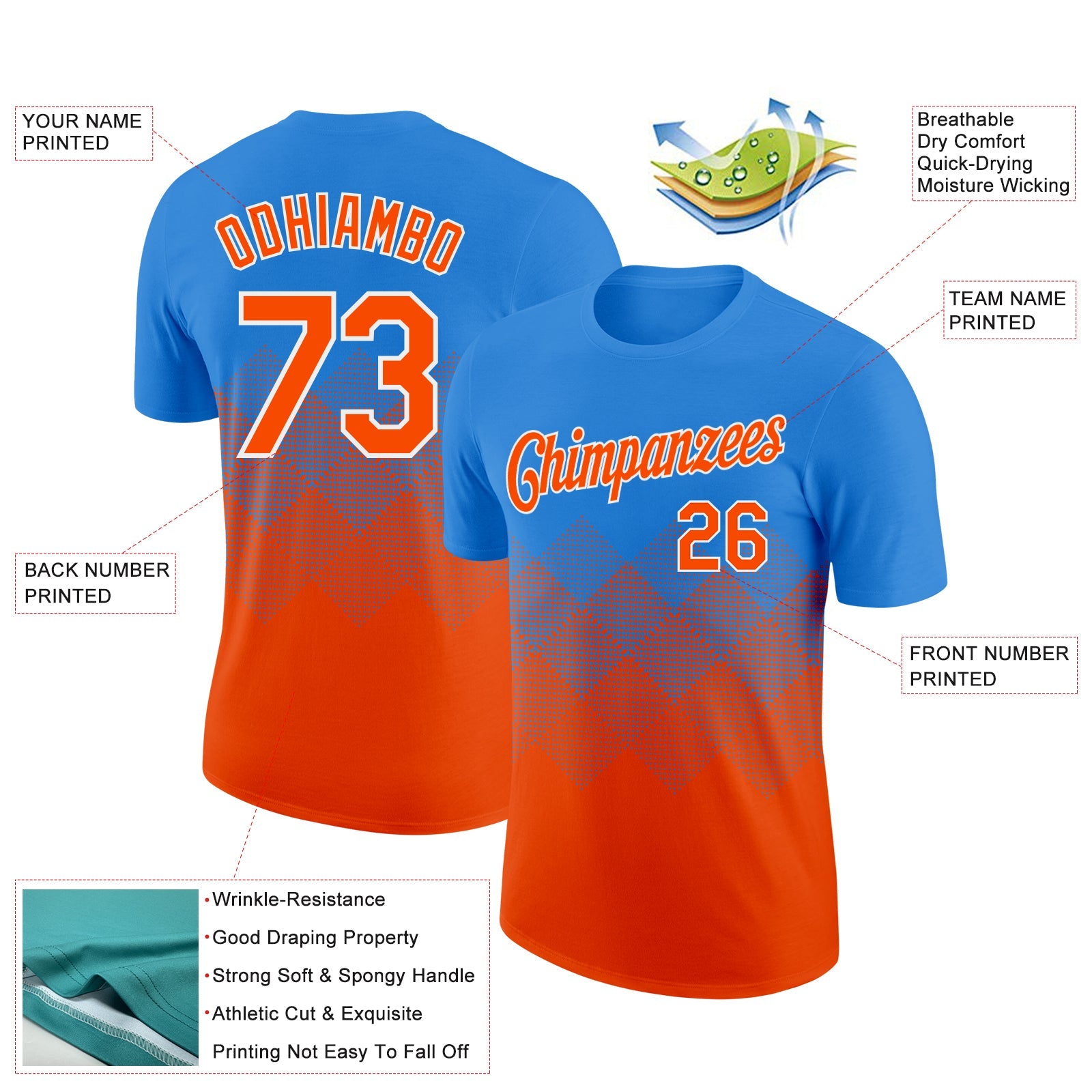Custom Powder Blue Orange-White 3D Pattern Design Gradient Square Shapes Performance T-Shirt